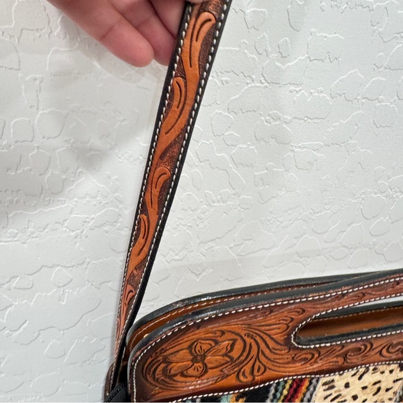 Rafter T Ranch Co Tooled Leather Should Bag Purse Southwestern Aztec Fringed - Picture 5 of 10